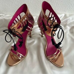 Oscar Tiye Flamingo Leather Metallic Gladiator Stilleto Sandals EU 37.5/US 7